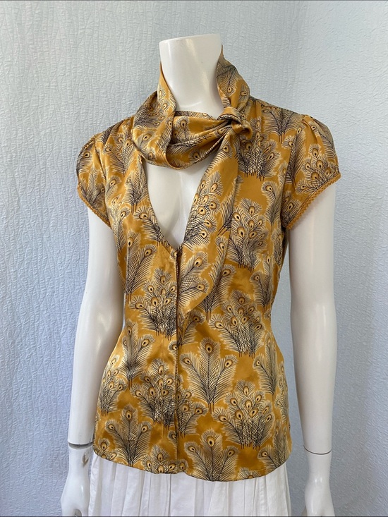 Free People Tops - Free People Mustard Yellow Peacock-Print Tie-Neck Silk Blouse